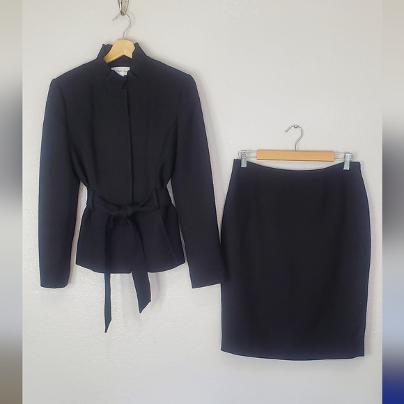 Calvin Klein Black Tweed 2 Piece Skirt Suit Set Pencil Skirt & Belted Jacket Set - Picture 1 of 8